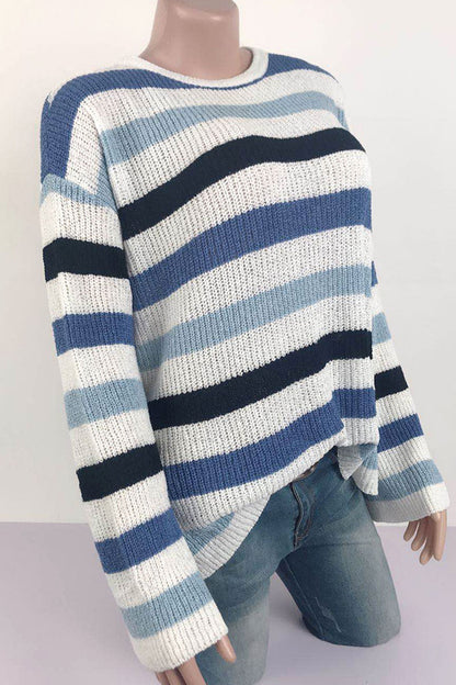 Fashion Casual Adult Striped Patchwork Patchwork Pullovers O Neck Sweaters