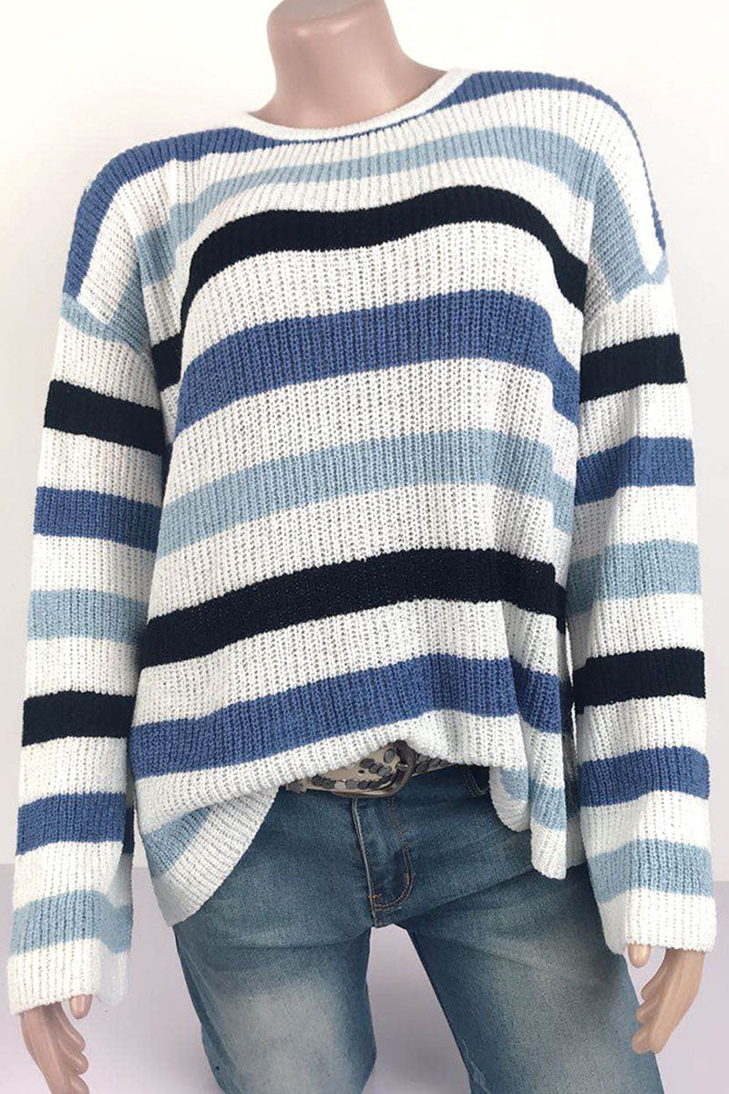 Fashion Casual Adult Striped Patchwork Patchwork Pullovers O Neck Sweaters