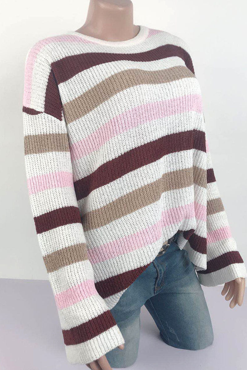 Fashion Casual Adult Striped Patchwork Patchwork Pullovers O Neck Sweaters