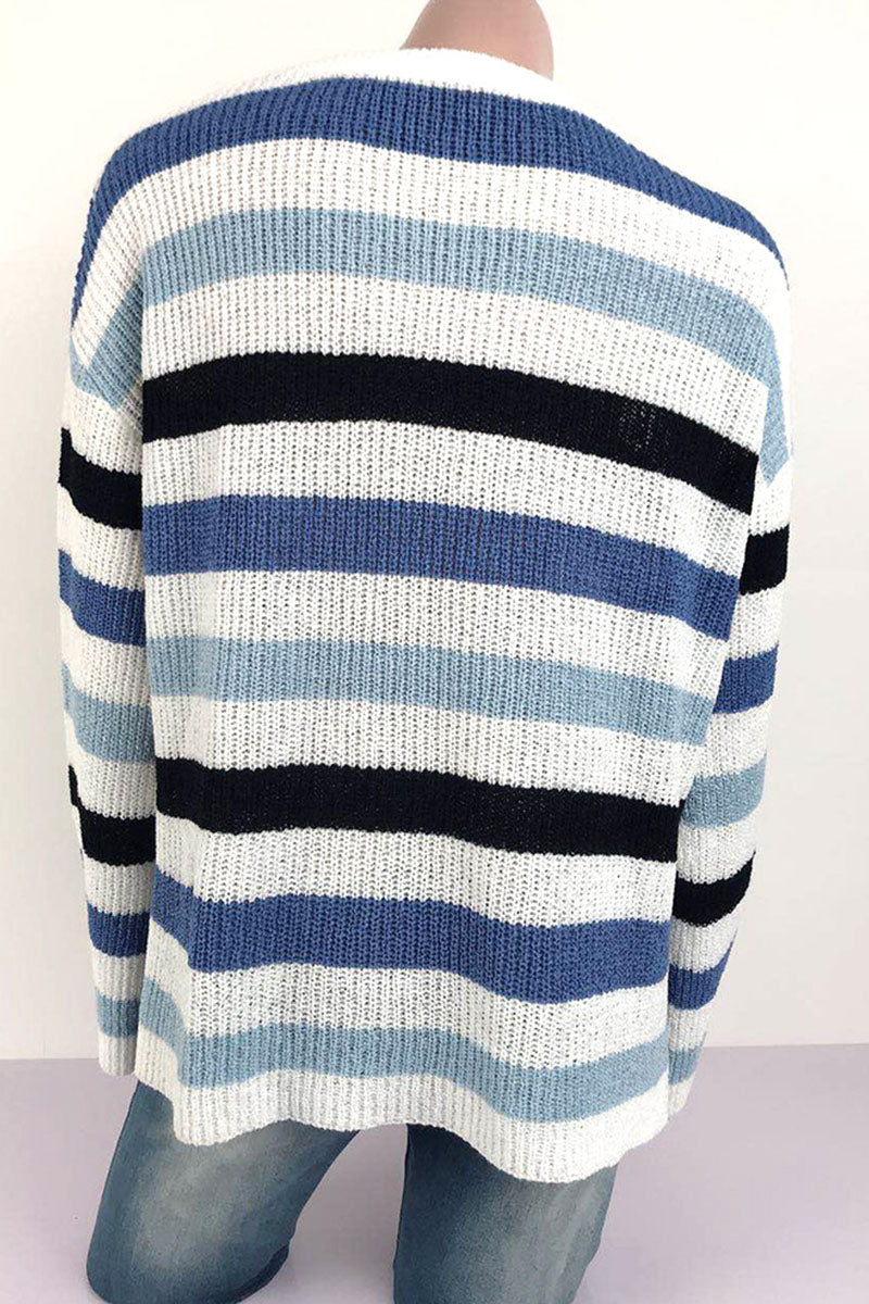 Fashion Casual Adult Striped Patchwork Patchwork Pullovers O Neck Sweaters