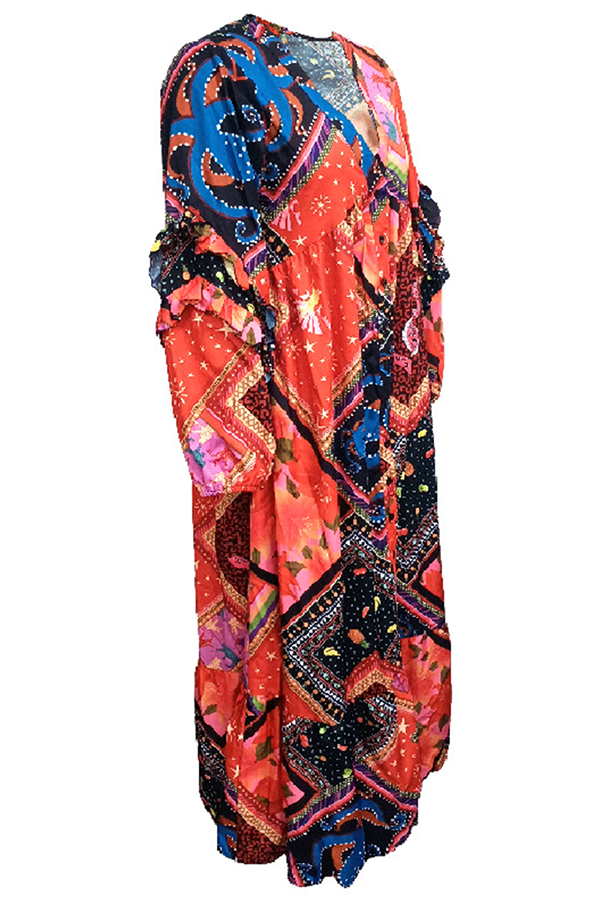 Bohemian Patchwork Buckle Flounce V Neck Dresses