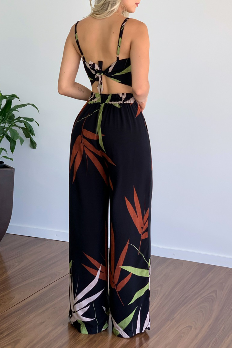 Fashion Print Patchwork Spaghetti Strap Straight Jumpsuits