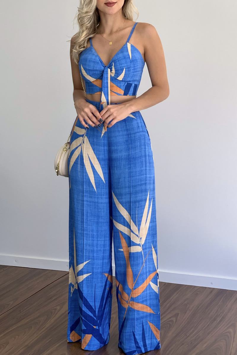 Fashion Print Patchwork Spaghetti Strap Straight Jumpsuits