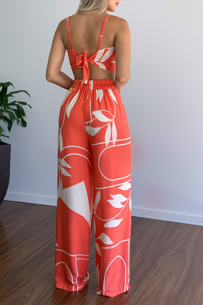 Fashion Print Patchwork Spaghetti Strap Straight Jumpsuits