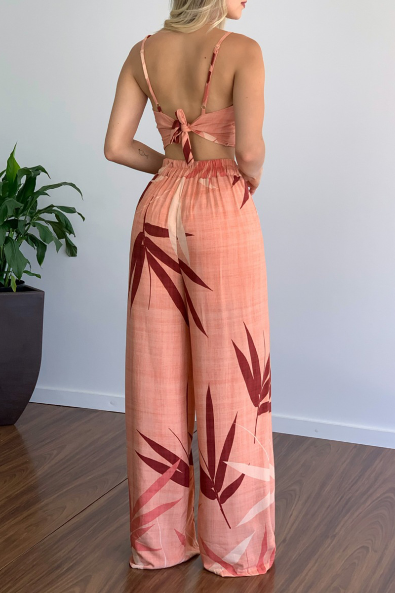 Fashion Print Patchwork Spaghetti Strap Straight Jumpsuits