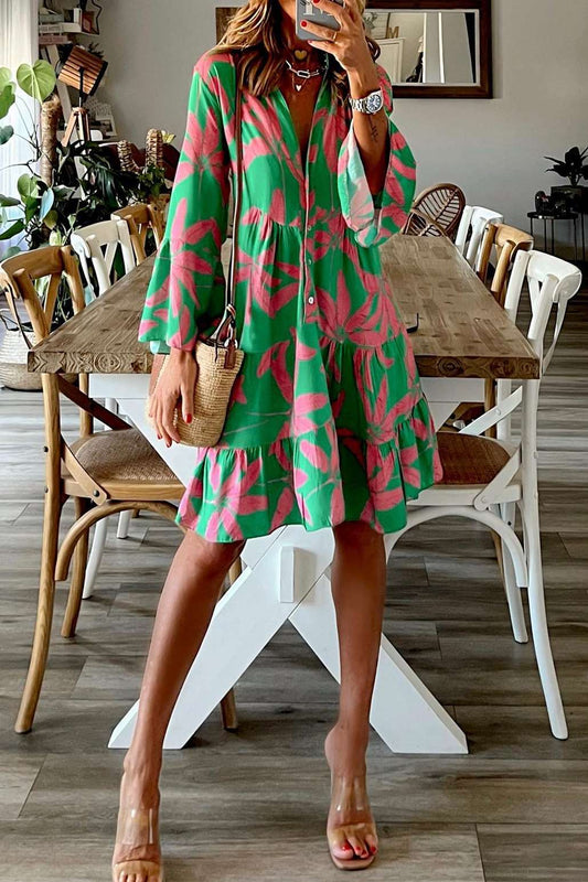 Fashion Print Flounce V Neck Cake Skirt Dresses