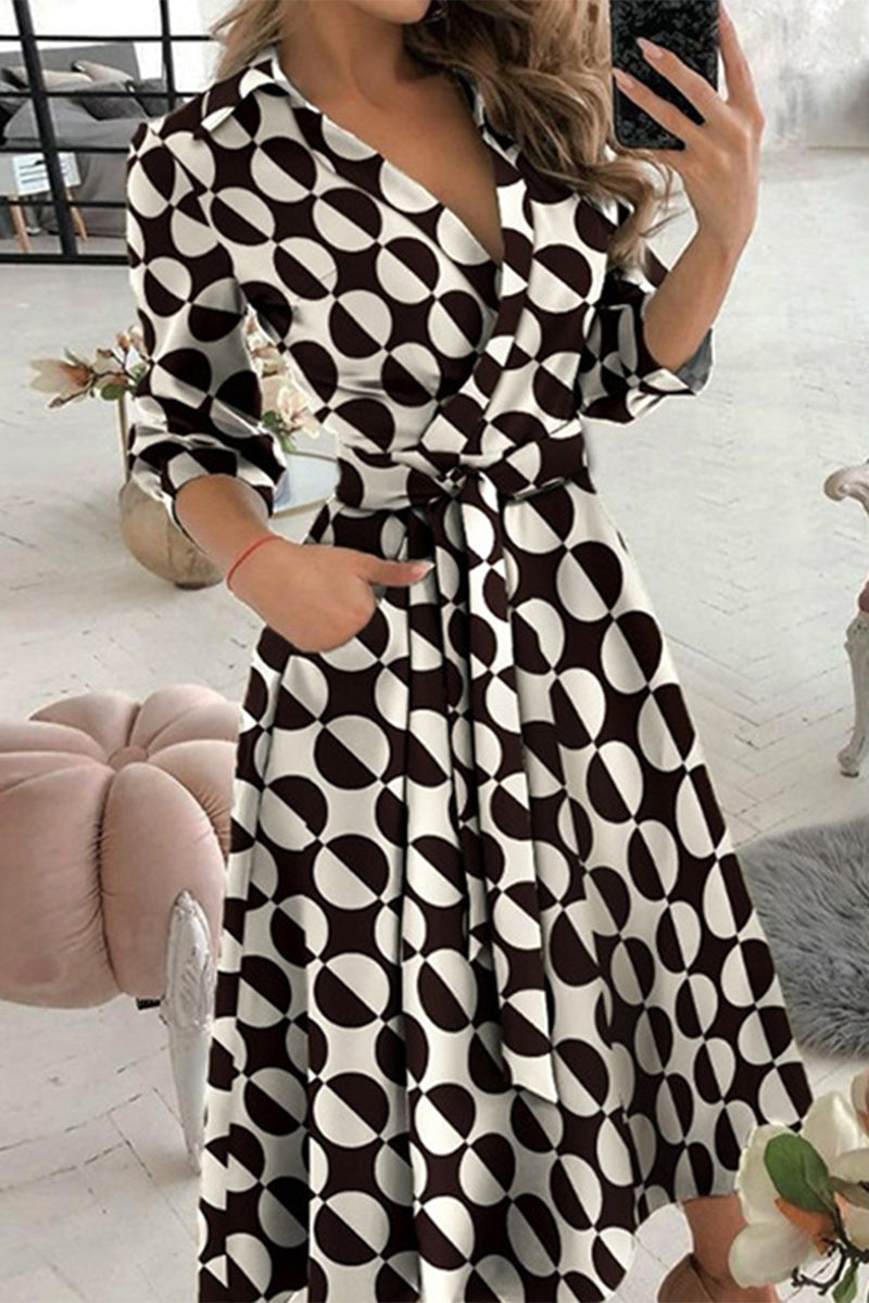 Elegant Print Printing Turndown Collar A Line Dresses