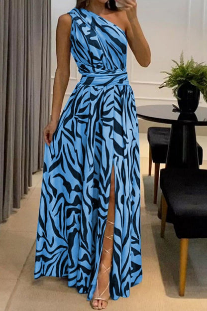 Sexy Casual Print Patchwork Backless Slit Oblique Collar Long Dress