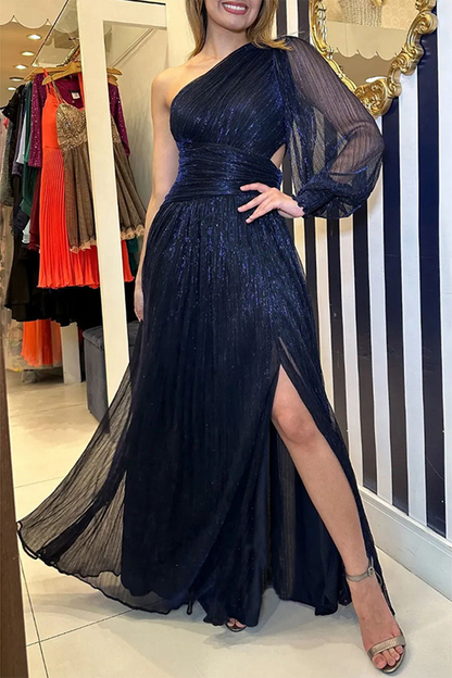 Elegant Solid Slit Sequined Oblique Collar Evening Dress Dresses