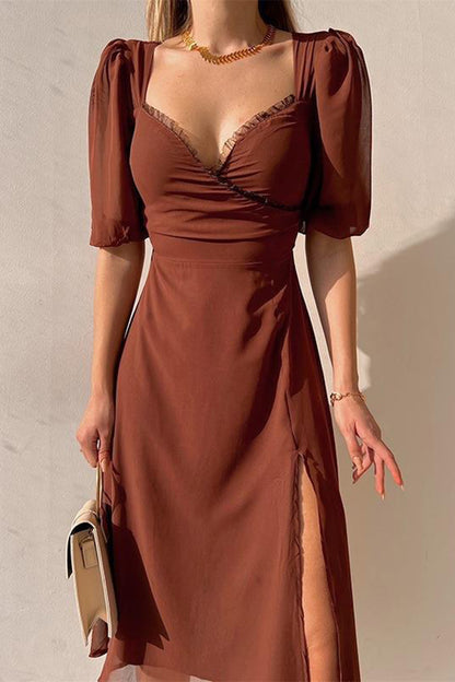 Sexy Solid Slit V Neck A Line Short Sleeve Dress