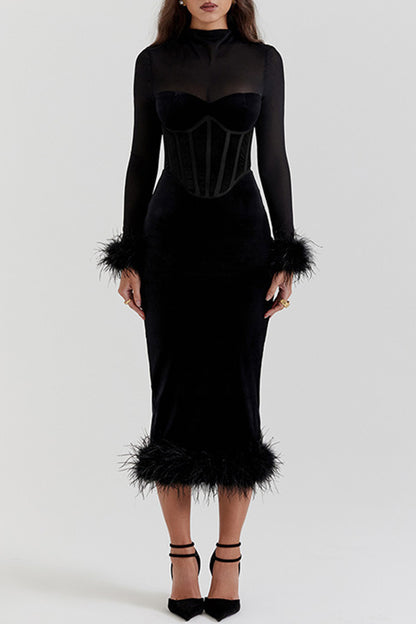 Celebrities Elegant Solid Feathers Turtleneck Waist Skirt Dresses