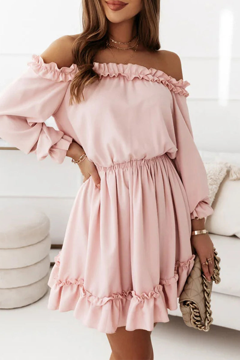 Sweet Solid Flounce Off the Shoulder Princess Dresses