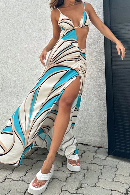 Sexy Vacation Geometric Print Frenulum Slit V Neck Irregular Dress Dresses