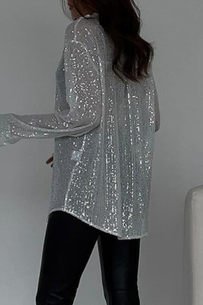 Sexy Solid See-through Sequined Turndown Collar Tops