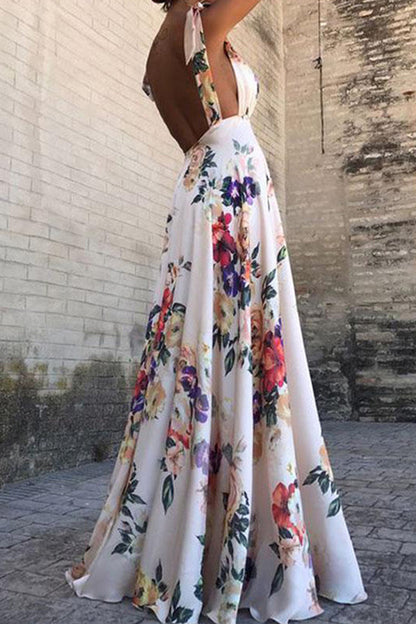 Elegant Floral Backless V Neck Printed Dress Dresses