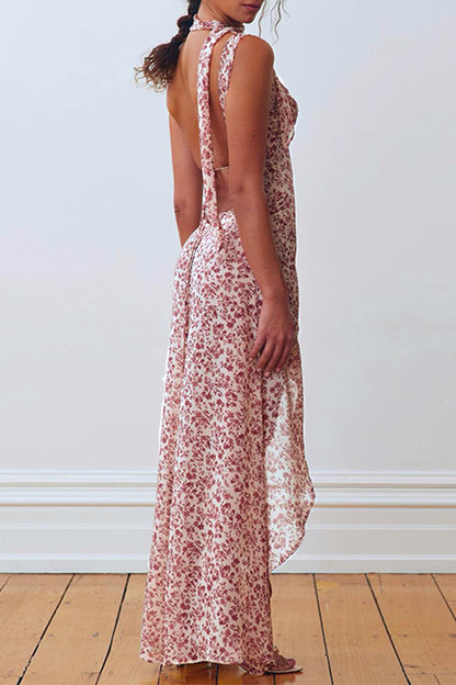 Sexy Floral Bandage Backless Slit V Neck Dresses