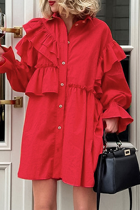 Elegant Solid Flounce Asymmetrical Turndown Collar Shirt Dress Dresses