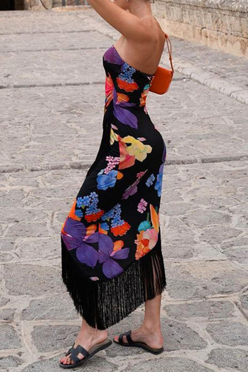 Sexy Celebrities Floral Tassel Backless Strapless Irregular Dress Dresses