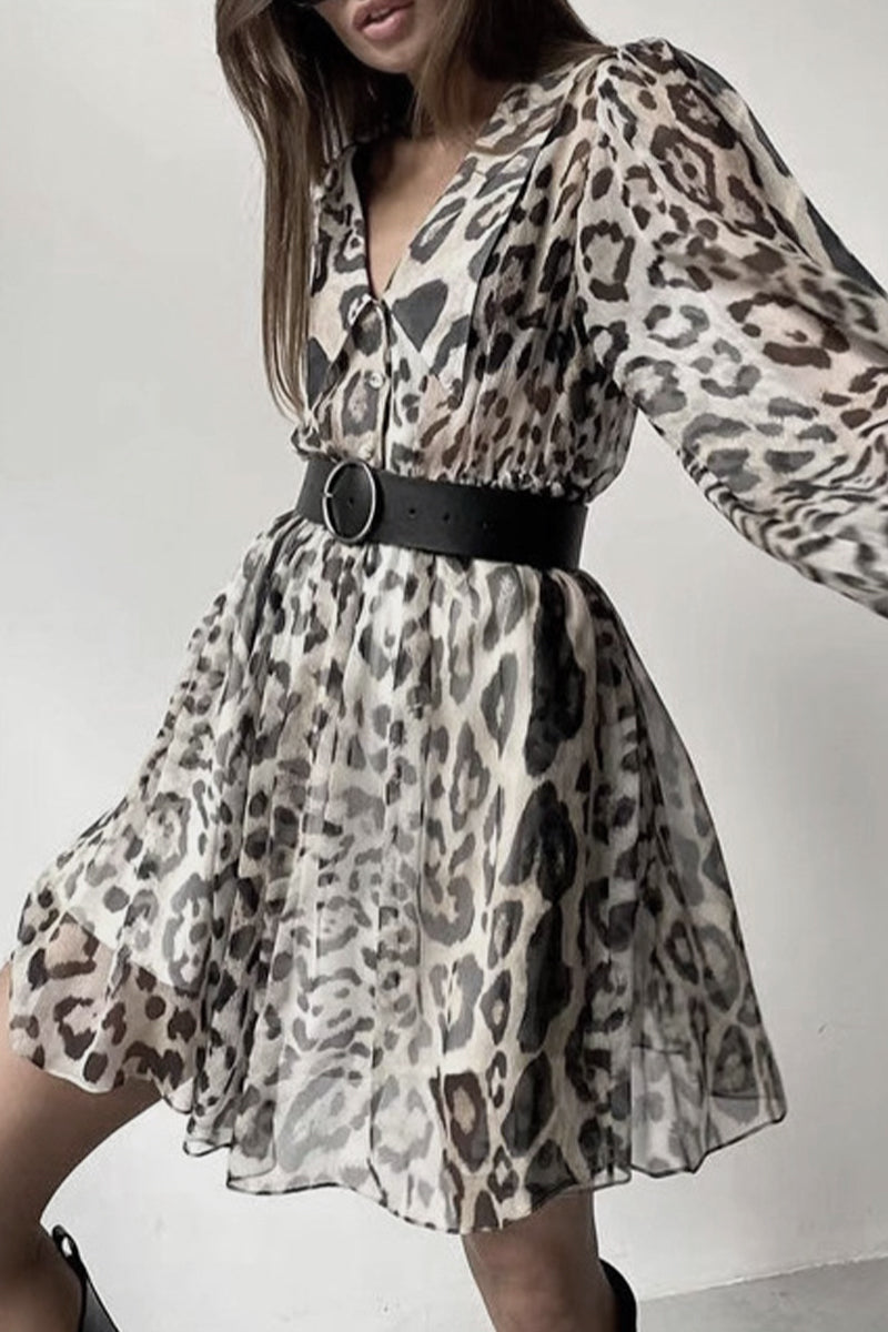 Vintage Elegant Leopard Patchwork With Belt Turndown Collar A Line Dresses