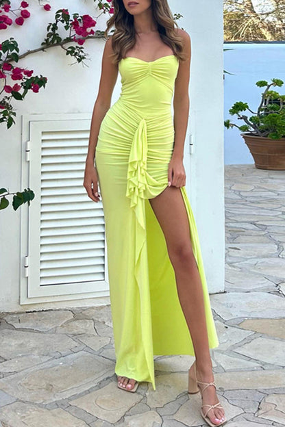 Sexy Solid Backless Slit Fold Halter Wrapped Skirt Dresses