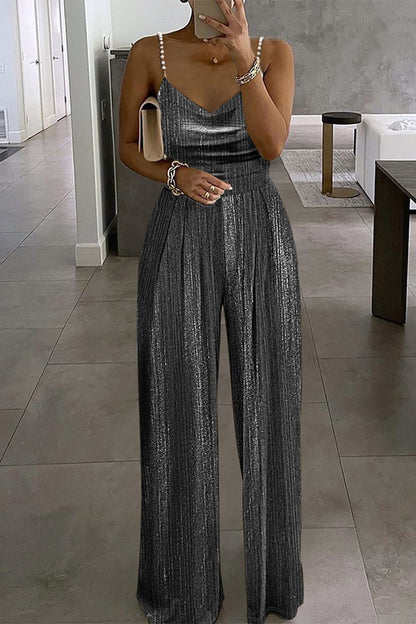 Casual Solid Beading Fold U Neck Loose Jumpsuits