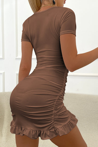 Sexy Solid Hollowed Out Flounce V Neck Wrapped Skirt Dresses