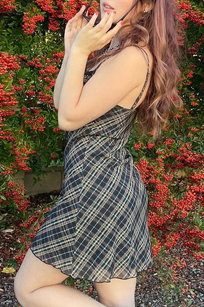 Sexy Plaid Print Frenulum Sling Dresses