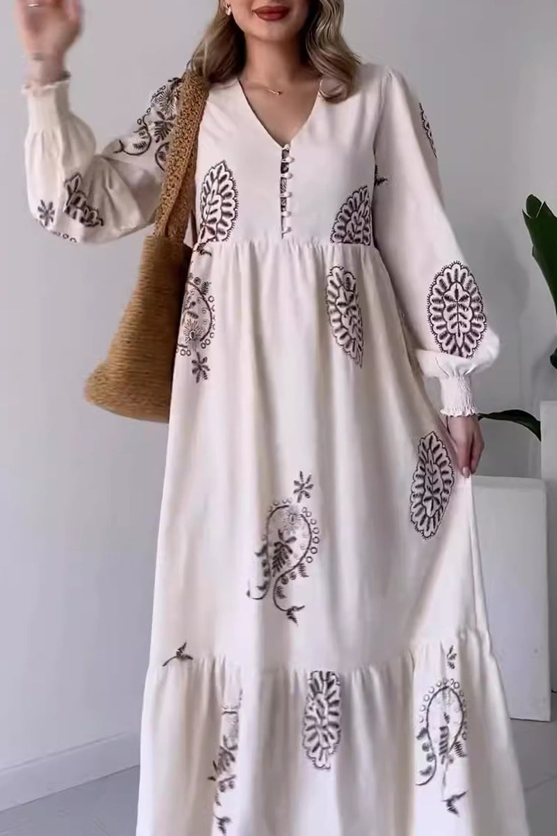 Casual Vintage Geometric Print Buckle V Neck Printed Dresses