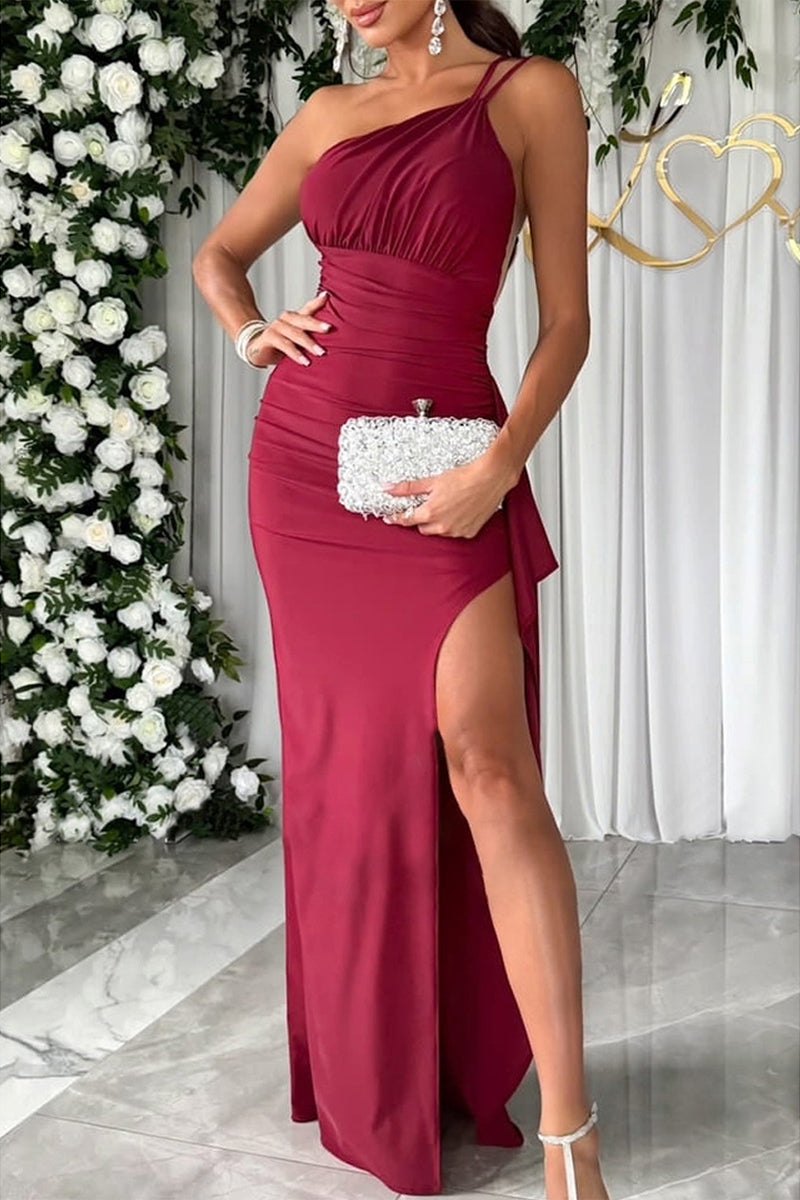 Elegant Solid Slit Fold Oblique Collar Waist Skirt Dresses