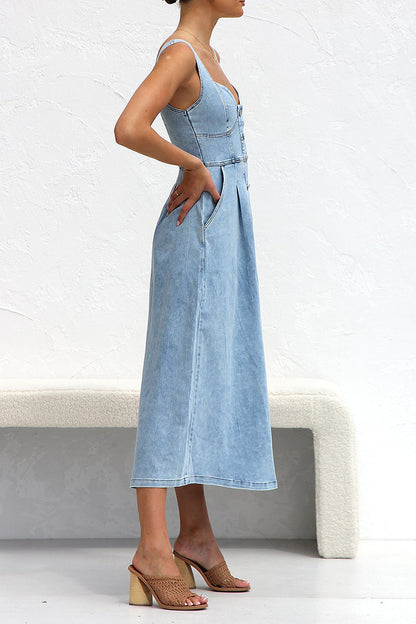 Elegant Solid Make Old Pocket Buckle V Neck Sleeveless Loose Denim Dresses