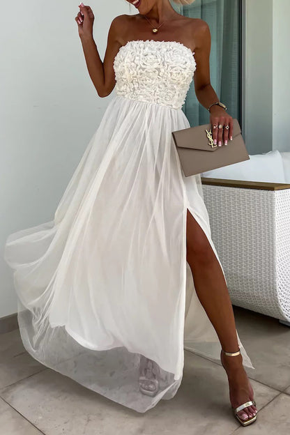 Elegant Solid Flowers Slit Mesh Strapless Sleeveless Dresses