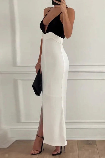 Sexy Celebrities Solid Slit Contrast V Neck Sling Dresses