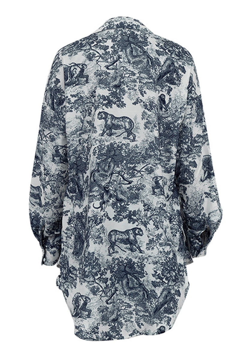 Casual Print Animal Pocket Buttons Turndown Collar Long Sleeve Three Pieces