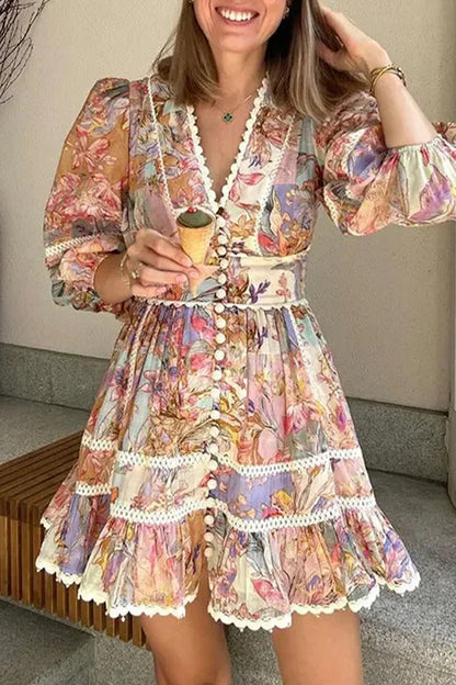 Vintage Elegant Print Buttons V Neck A Line Dresses