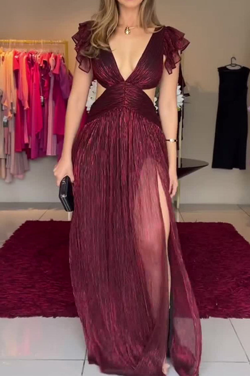 Sexy Solid Color Slit Pleated V Neck A Line Dresses