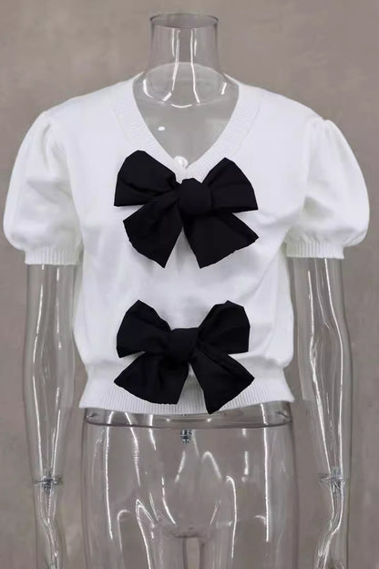 Casual Daily Solid Color Bow Decor V Neck Sweaters