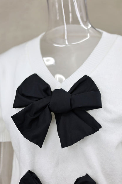 Casual Daily Solid Color Bow Decor V Neck Sweaters