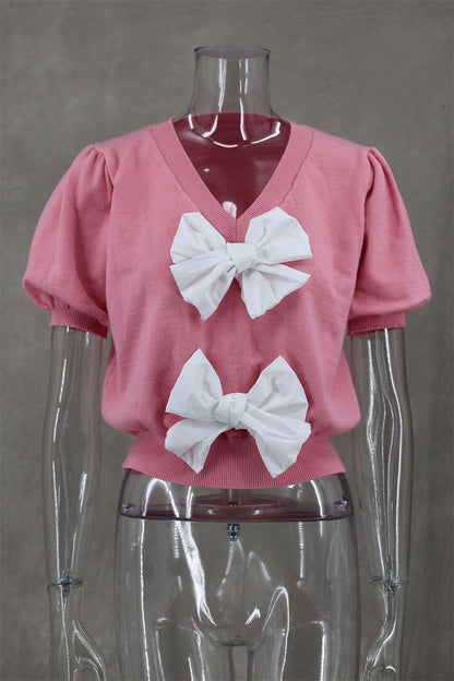 Casual Daily Solid Color Bow Decor V Neck Sweaters