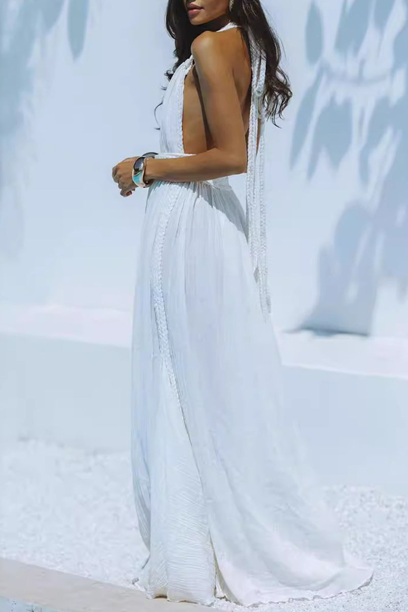 Sexy Solid Color Lace Up Backless Halter Beach Dresses