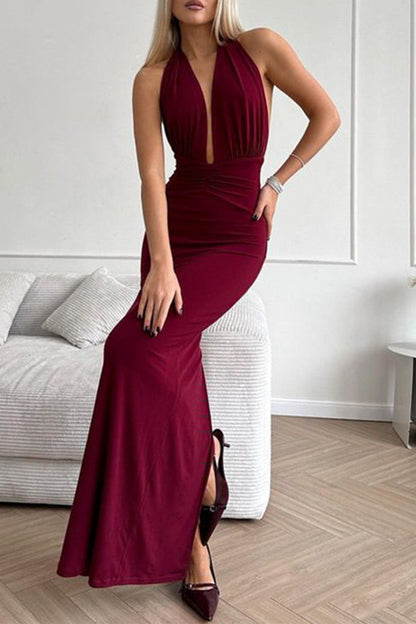 Sexy Solid Color Backless Ruched Halter Evening Dresses