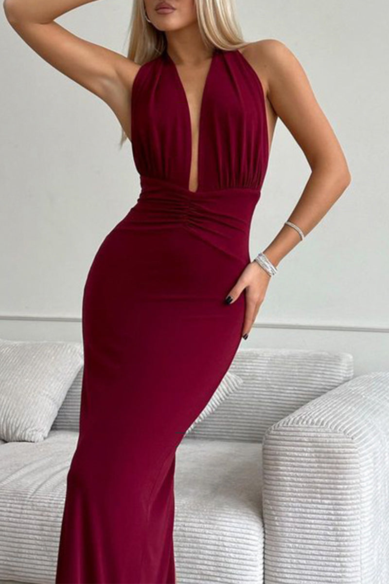 Sexy Solid Color Backless Ruched Halter Evening Dresses