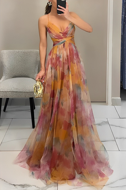 Sexy Gradient Print Backless Contrast V Neck Long Dresses