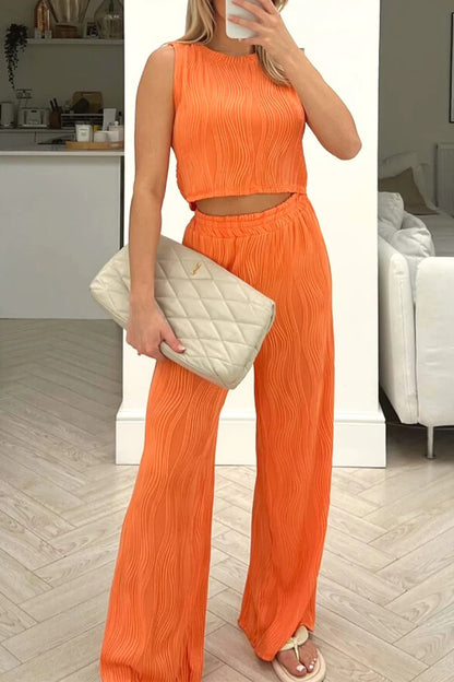 Casual Daily Solid Color Texture O Neck Sleeveless Two Pieces(6 Colors)