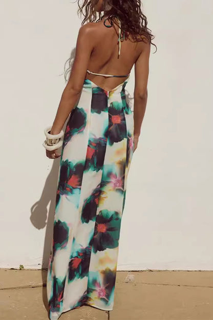 Sexy Floral Print Lace Up Backless Halter One Step Skirt Dresses