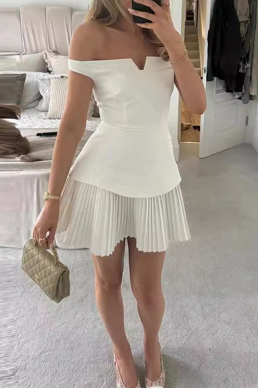 Sexy Celebrities Solid Color Patchwork Pleated Off Shoulder Mini Dresses