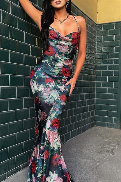 Sexy Casual Floral Print Backless Spaghetti Strap Long Dresses