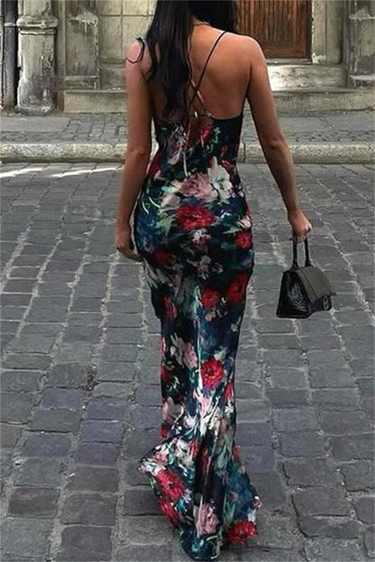 Sexy Casual Floral Print Backless Spaghetti Strap Long Dresses