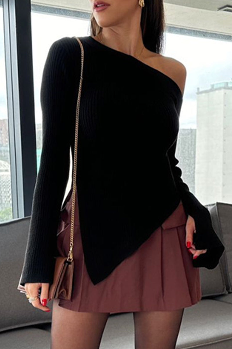 Sexy Solid Color Slit Irregular Oblique Collar Sweaters