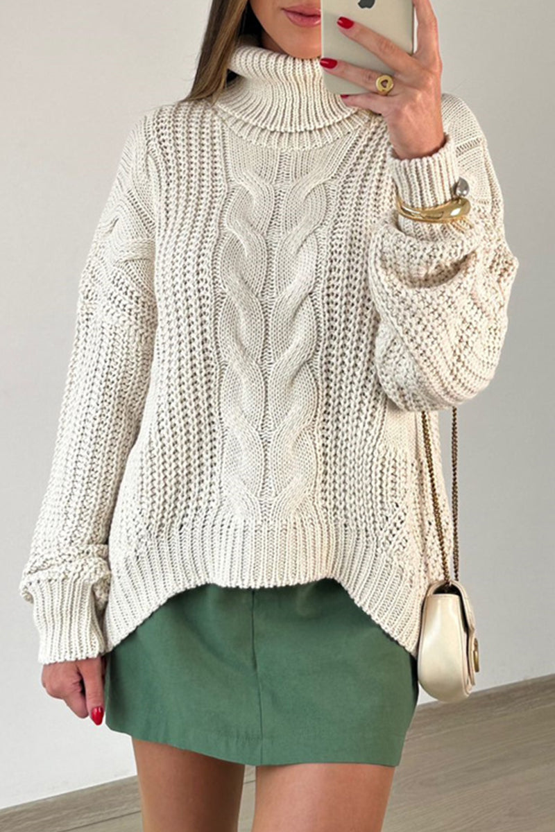 Casual Daily Solid Color Patchwork Weave Turtleneck Sweaters