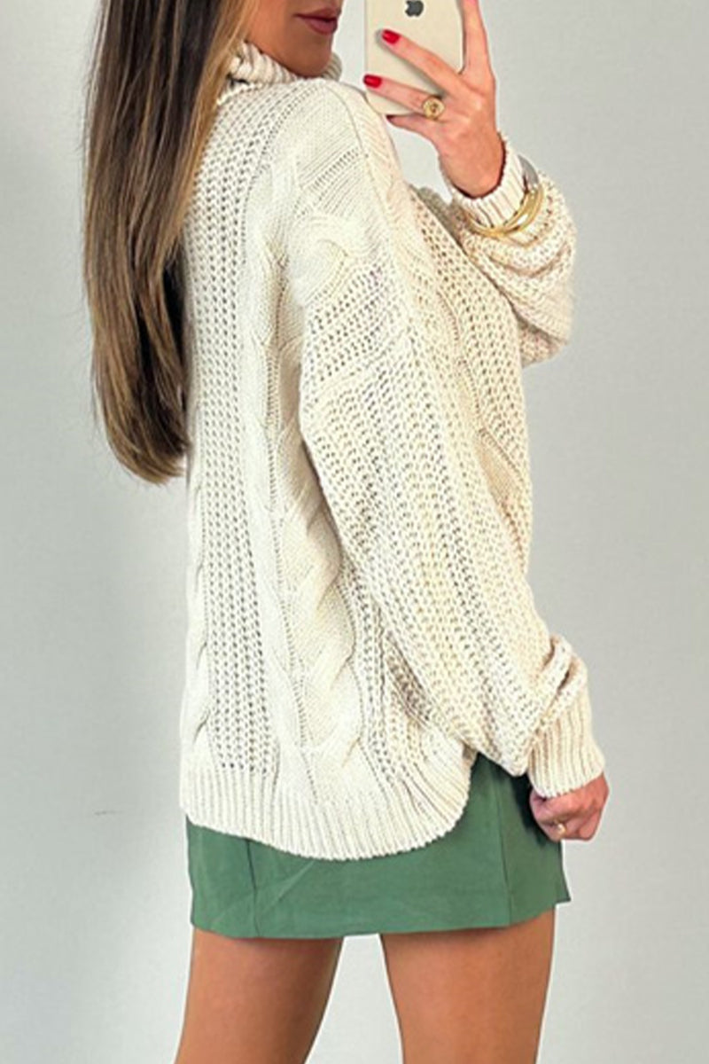 Casual Daily Solid Color Patchwork Weave Turtleneck Sweaters